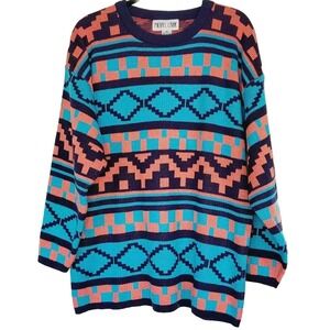 Michael Carrie VTG Retro 80s Eclectic‎ Aztec Knit Oversized Tunic Sweater Sz M